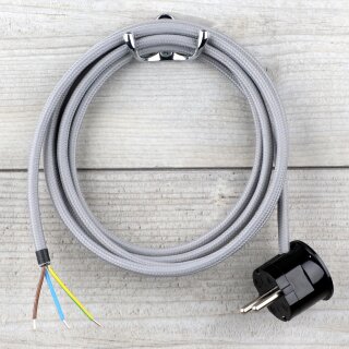Textilkabel Grau 3-adrig mit Schutzkontakt-Winkelstecker Anschlussleitung Zuleitung 1-5m