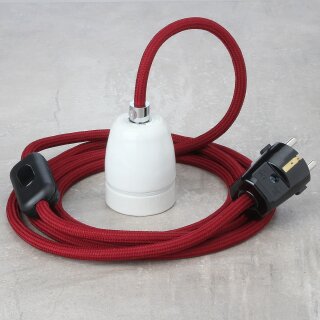 Textilkabel Bordeaux Rot mit E27 Porzellanfassung Schnurschalter und Schutzkontakt-Stecker schwarz
