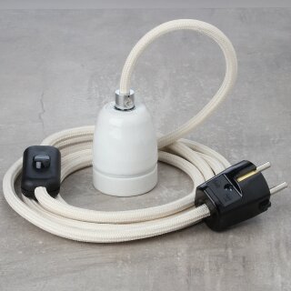 Textilkabel Elfenbein mit E27 Porzellanfassung Schnurschalter und Schutzkontakt-Stecker schwarz