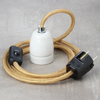 Textilkabel Gold mit E27 Porzellanfassung Schnurschalter und Schutzkontakt-Stecker schwarz