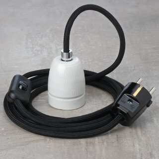 Textilkabel Schwarz mit E27 Porzellanfassung Schnurschalter und Schutzkontakt-Stecker schwarz