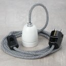 Textilkabel Schwarz-Weiß Zick-Zack Muster mit E27 Porzellanfassung Schnurschalter und Schutzkontakt-Stecker schwarz