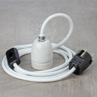 Textilkabel Weiß mit E27 Porzellanfassung Schnurschalter und Schutzkontakt-Stecker schwarz