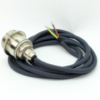 Textilkabel Graphit-Grau mit Vintage E27 Lampenfassung Messing vernickelt und 2 Schraubringe 1-5m
