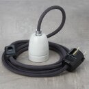 Textilkabel Graphit-Grau mit E27 Porzellanfassung Schnurschalter und Schutzkontakt-Stecker schwarz