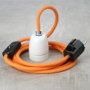 Textilkabel Orange mit E27 Porzellanfassung Schnurschalter und Schutzkontaktstecker schwarz