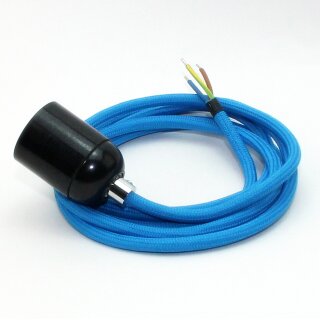 Textilkabel Blau mit E27 Lampenfassung Bakelitoptik schwarz und Zugentlastung Metall chrom