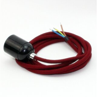 Textilkabel Bordeaux Rot mit E27 Lampenfassung Bakelitoptik schwarz und Zugentlastung Metall chrom