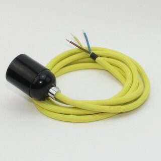 Textilkabel Gelb mit E27 Lampenfassung Bakelitoptik schwarz und Zugentlastung Metall chrom