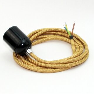 Textilkabel Gold mit E27 Lampenfassung Bakelitoptik schwarz und Zugentlastung Metall chrom