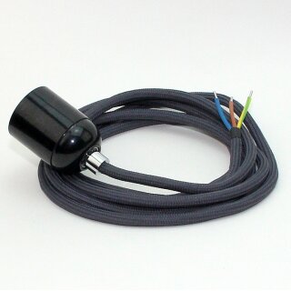 Textilkabel Graphit-Grau mit E27 Lampenfassung Bakelitoptik schwarz und Zugentlastung Metall chrom