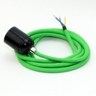 Textilkabel Kiwigrün mit E27 Lampenfassung Bakelitoptik schwarz und Zugentlastung Metall chrom