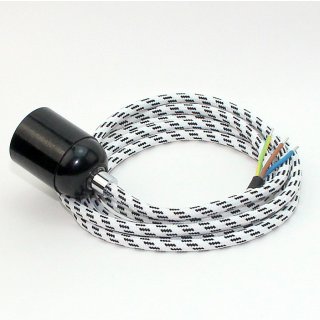 Textilkabel Lampenpendel schwarz-weiß mit E27 Bakelit Fassung schwarz Zugentlaster Metall chrom