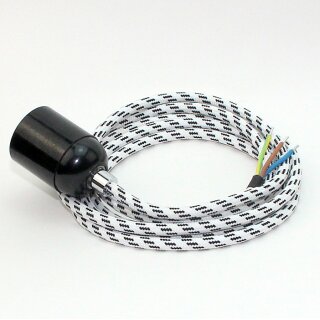 Textilkabel Schwarz-Weiß mit E27 Lampenfassung Bakelitoptik schwarz und Zugentlastung Metall chrom