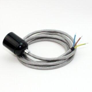 Textilkabel Silber mit E27 Lampenfassung Bakelitoptik schwarz und Zugentlastung Metall chrom