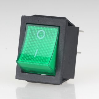 Einbau-Wippschalter grün beleuchtet 2-polig EIN/AUS 30x22mm 250V/16A mit PVC-Schutzkappe