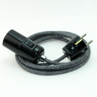 Textilkabel Steingrau mit E27 Wippschalter-Lampenfassung Glattmantel Kunststoff schwarz mit Stecker