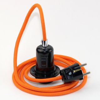 Textilkabel Pendel orange E27 Bakelit Vintage Fassung Teilgewindemantel mit Schalter schwarz und Schutzkontakt-Stecker