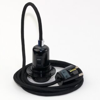 Textilkabel Schwarz mit E27 Wippschalter-Lampenfassung Gewindemantel Kunststoff schwarz mit Stecker