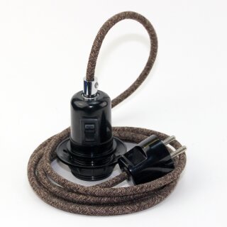 Textilkabel Braun-Meliert mit E27 Wippschalter-Lampenfassung Gewindemantel Kunststoff schwarz mit Stecker