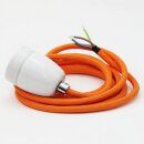 Textilkabel Orange mit E27 Porzellanfassung und Zugentlastung Metall verchromt 1-5m