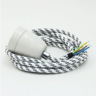 Textilkabel Lampenpendel schwarz-weiss mit E27 Porzellanfassung inkl. Klemmnippel Zugentlaster Metall chrom
