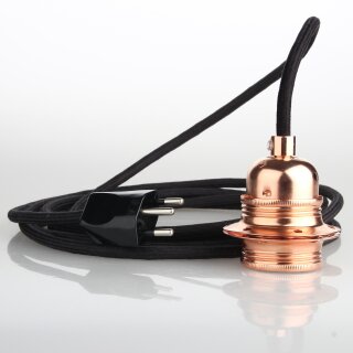 Textilkabel Schwarz mit E27 Lampenfassung verkupfert und Schweizer Stecker