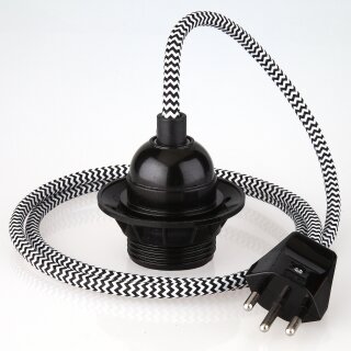 Textilkabel Schwarz-Weiß mit E27 Lampenfassung Bakelit-Optik schwarz und Schweizer Stecker