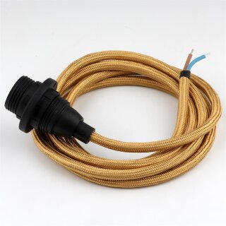 Textilkabel Gold E14 Lampenfassung mit Gewindemantel und 2 Schraubringe Kunststoff schwarz
