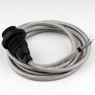 Textilkabel Silber E14 Lampenfassung mit Gewindemantel und 2 Schraubringe Kunststoff schwarz
