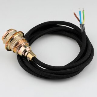 Textilkabel Schwarz mit E14 Lampenfassung Metall vermessingt und 2 Schraubringe 1-5m