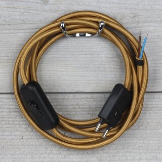 Textilkabel Gold 2-adrig mit Schnurschalter und Euro-Flachstecker Anschlussleitung 2-5m