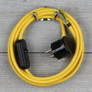 Textilkabel Anschlussleitung 2-5m gelb Schalter u. Schutzkontakt Winkelstecker