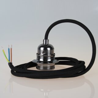 Textilkabel Schwarz mit E27 Fassung Metall schwarz-chrom und 2 Schraubringe