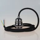 Textilkabel Schwarz mit E27 Fassung Metall schwarz-chrom und 2 Schraubringe