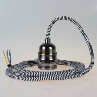 Textilkabel Schwarz-Weiß Zick-Zack mit E27 Lampenfassung Metall schwarz-chrom