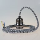 Textilkabel Schwarz-Weiß Zick-Zack mit E27 Lampenfassung Metall schwarz-chrom