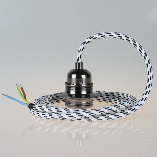 Textilkabel Schwarz-Weiß mit E27 Lampenfassung Metall schwarz-chrom und 2 Schraubringe