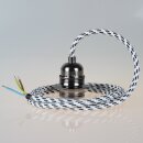 Textilkabel Schwarz-Weiß mit E27 Lampenfassung Metall schwarz-chrom und 2 Schraubringe
