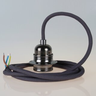 Textilkabel Graphit-Grau mit E27 Lampenfassung Metall schwarz-chrom und 2 Schraubringe