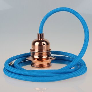 Textilkabel Blau mit E27 Lampenfassung Metall verkupfert und 2 Schraubringe für Lampenschirm