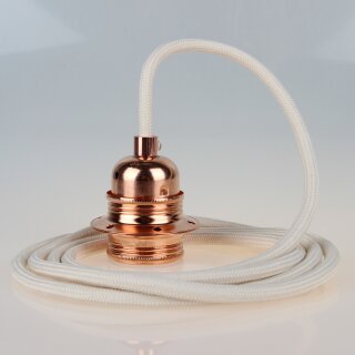 Textilkabel Elfenbein mit E27 Lampenfassung Metall verkupfert und 2 Schraubringe für Lampenschirm