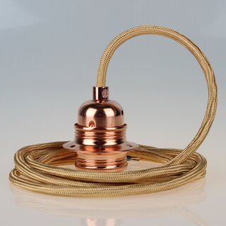 Textilkabel Gold mit E27 Lampenfassung Metall verkupfert und 2 Schraubringe für Lampenschirm