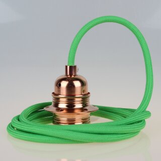 Textilkabel Kiwigrün mit E27 Lampenfassung Metall verkupfert und 2 Schraubringe für Lampenschirm
