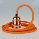 Textilkabel Orange mit E27 Lampenfassung Metall verkupfert und 2 Schraubringe für Lampenschirm