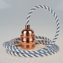 Textilkabel Schwarz-Weiß mit E27 Lampenfassung Metall verkupfert und 2 Schraubringe für Lampenschirm