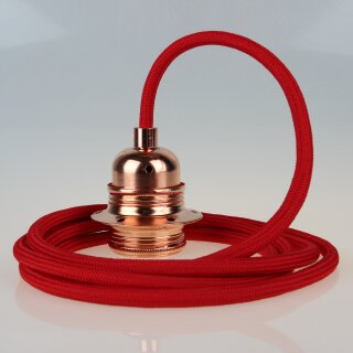 Textilkabel Rot mit E27 Lampenfassung Metall verkupfert und 2 Schraubringe für Lampenschirm