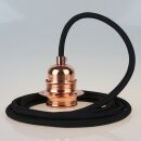 Textilkabel Schwarz mit E27 Lampenfassung Metall verkupfert und 2 Schraubringe für Lampenschirm