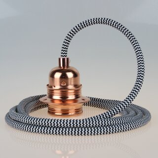 Textilkabel Schwarz-Weiß Zick-Zack mit E27 Lampenfassung Metall verkupfert und 2 Schraubringe für Lampenschirm