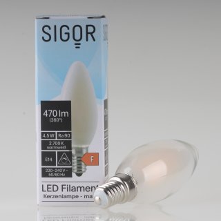 Sigor E14 LED Filament Kerzenlampe matt 4,5W = (40W) 430lm warmweiß dimmbar